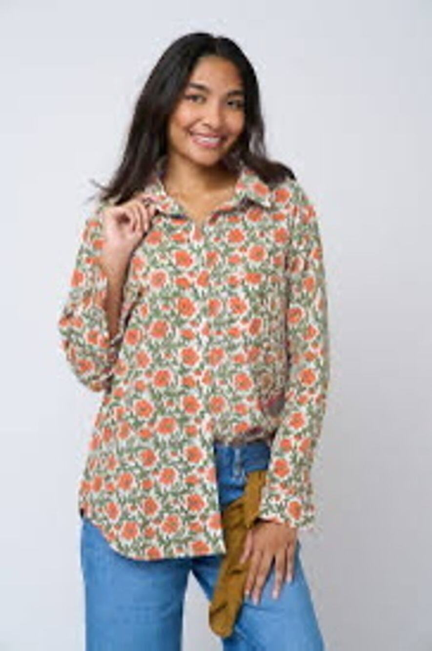 And For Good Boyfriend Button Front Shirt Darlington Floral Papaya Cotton S/M